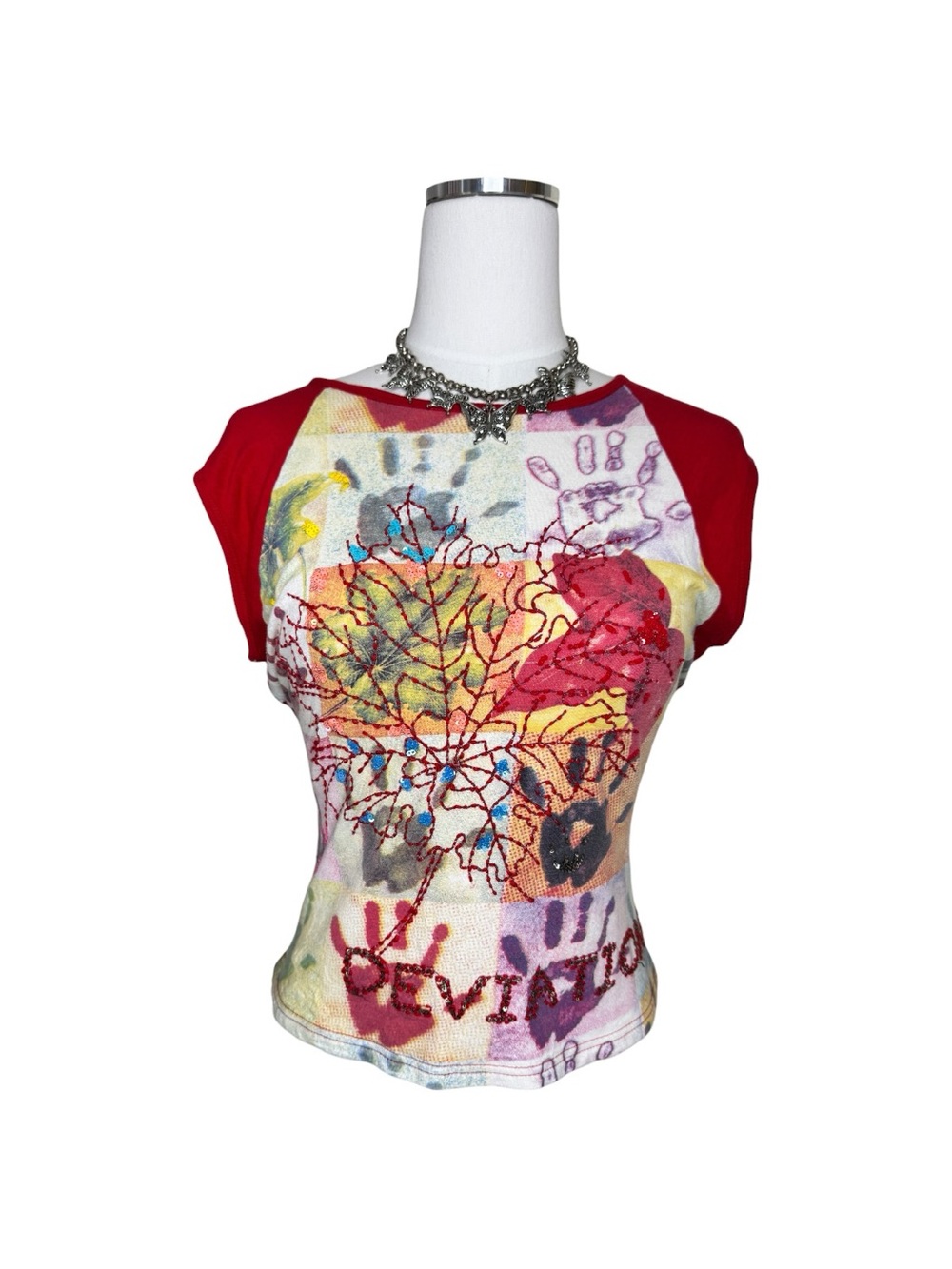 Y2K Derhy Red Raglan Graphic Sequin Embroidered Euro Top Size Medium